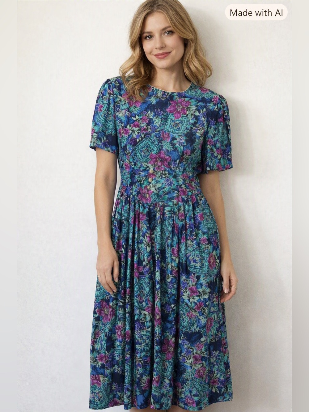 Vtg 80s Miss Dorby Dress 12 Floral Jewel Tone Short Sleeve Tea Party Cottagecore